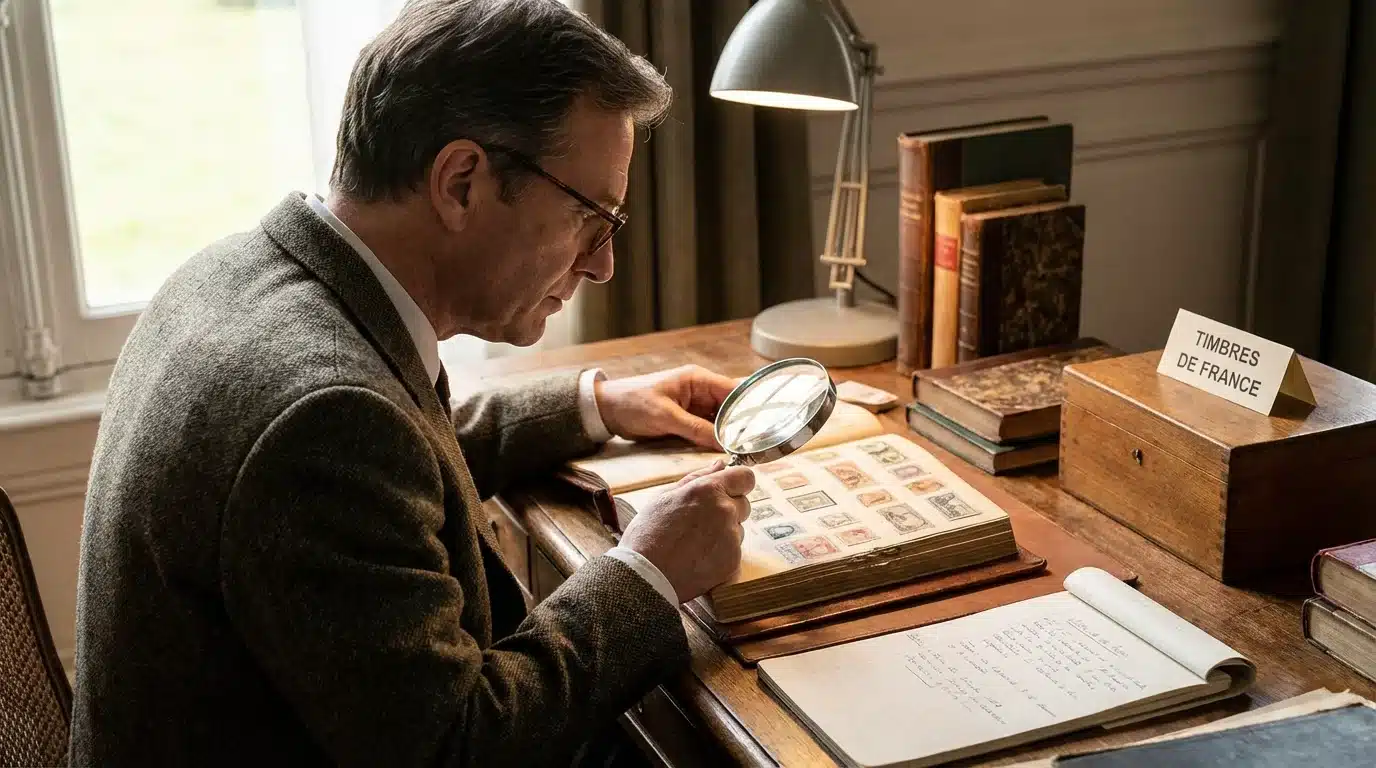 Homme examinant un album de timbres à la loupe pour en estimer la valeur