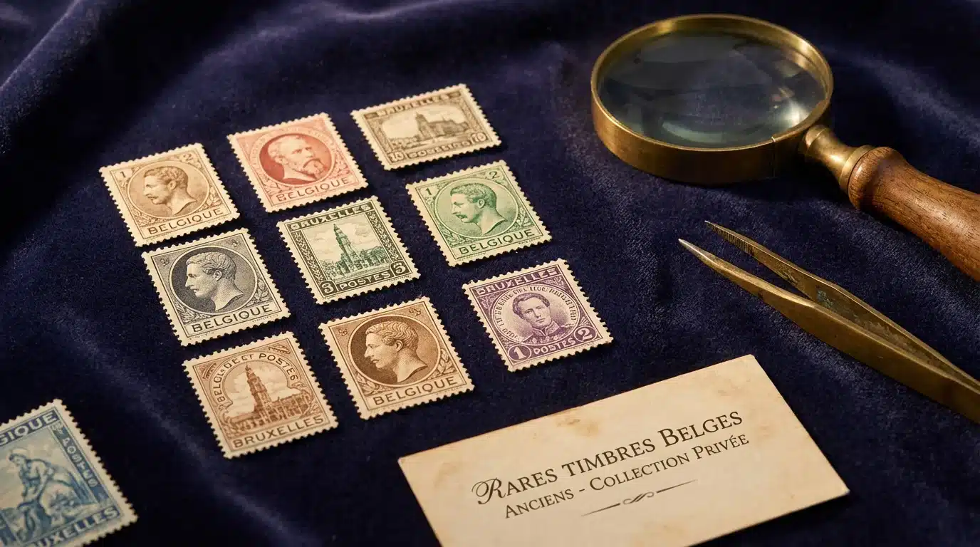 Timbres belges rares anciens exposés sur un écrin en velours avec une loupe en laiton