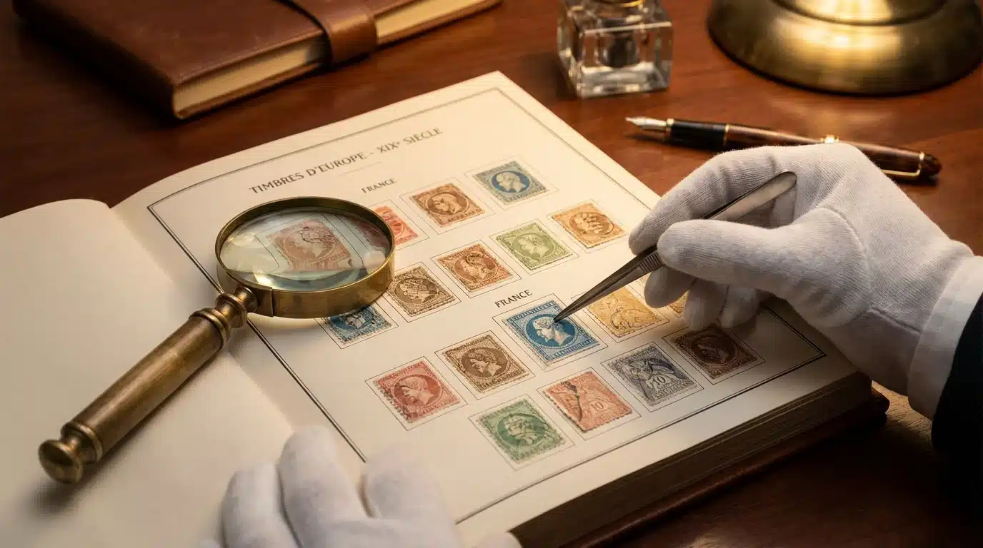 Timbre belge rare : prix, records et guide pour évaluer vos pièces Timbre-Philatelie Collection de timbres belges anciens examinés à la loupe sur un bureau en bois